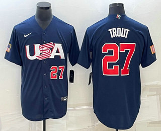 Men%27s USA Baseball #27 Mike Trout Number 2023 Navy World Baseball Classic Stitched Jerseys